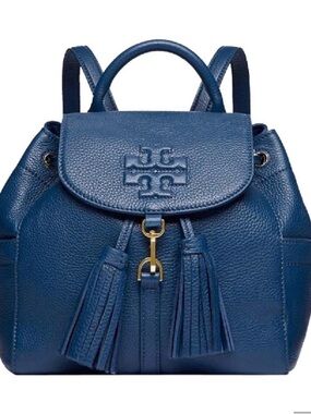 Tory Burch Navy Pebbled Leather Tassel Backpack